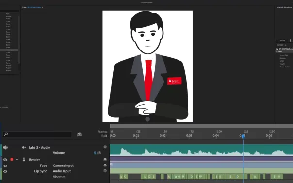 Animierte Figur eines Mannes in schwarzem Anzug mit roter Krawatte und Sparkasse-Logo auf dem Brustschild in Animationssoftware.