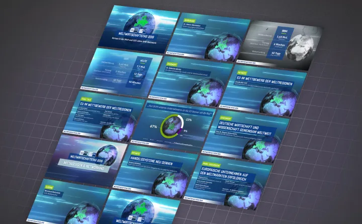 Mehrere Folien einer Präsentation mit der Darstellung einer Weltkugel und Texten zur Weltwirtschaft 2019, EU im Wettbewerb der Weltregionen und Handelssystemen.