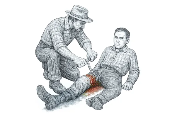 Mann mit Hut lehnt sich über verletzten Mann und bindet eine improvisierte Schlinge um dessen blutende Beinwunde.