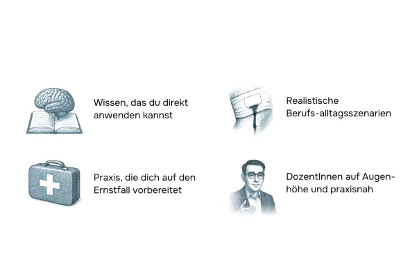 Vier Illustrationen mit Text: Gehirn auf Buch mit ‚Wissen, das du direkt anwenden kannst‘, Verbandkasten mit ‚Praxis, die dich auf den Ernstfall vorbereitet‘, person mit Stethoskop an Brusttasche mit ‚Realistische Berufs-alltagsszenarien‘, Portrait eines Dozenten mit ‚DozentInnen auf Augenhöhe und praxisnah‘.