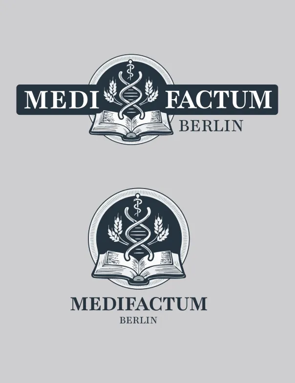 Medifactum Berlin Logo mit einem offenen Buch, DNA-Doppelhelix, Ähren und dem Äskulapstab in einem Kreis, zweimal dargestellt mit unterschiedlichen Schriftanordnungen.