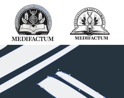 Zwei Versionen des Medifactum-Logos: Links ein graues Logo mit DNA-Doppelhelix, Lorbeerzweigen und offenem Buch, rechts eine vereinfachte schwarze Linie mit den gleichen Elementen, darunter der Text MEDIFACTUM.
