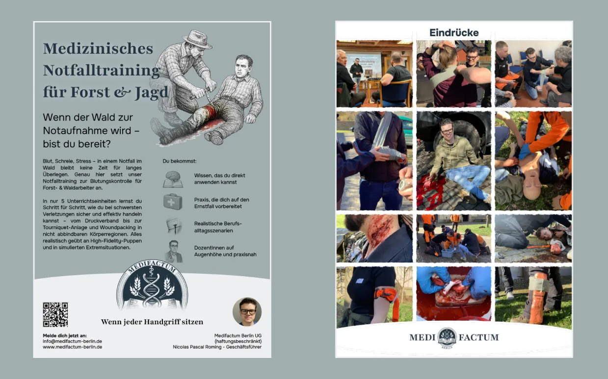 Flyer für medizinisches Notfalltraining bei Forst und Jagd mit Illustration von Erstversorgung einer blutenden Beinwunde und Fotos von Trainingsszenarien.
