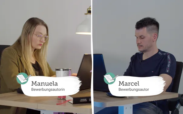 Zwei Personen, Manuela und Marcel, sitzen an Tischen und arbeiten konzentriert an Laptops.