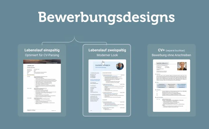 Drei Beispiele für Bewerbungsdesigns: einspaltiger Lebenslauf optimiert für CV-Parsing, zweispaltiger Lebenslauf mit modernem Look und CV+ für Bewerbung ohne Anschreiben.