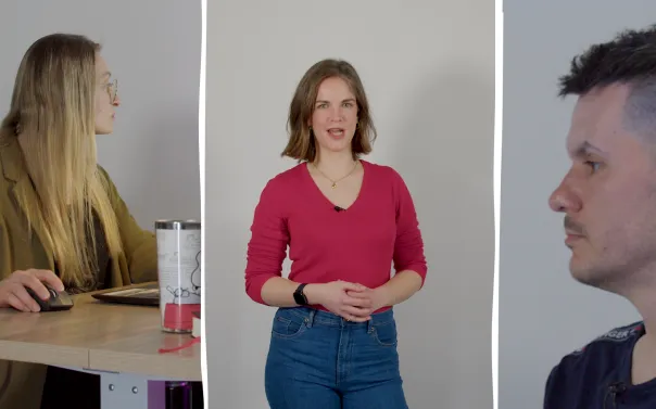 Drei Menschen, eine Frau steht in der Mitte und spricht, links eine sitzende Frau am Schreibtisch mit Laptop, rechts ein Mann im Profil.