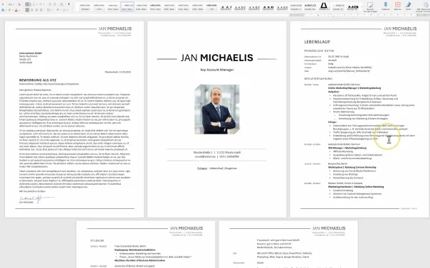 Mehrseitiger Lebenslauf und Bewerbungsschreiben von Jan Michaelis mit persönlicher Vorstellung, Kontaktdaten und beruflichen Stationen.