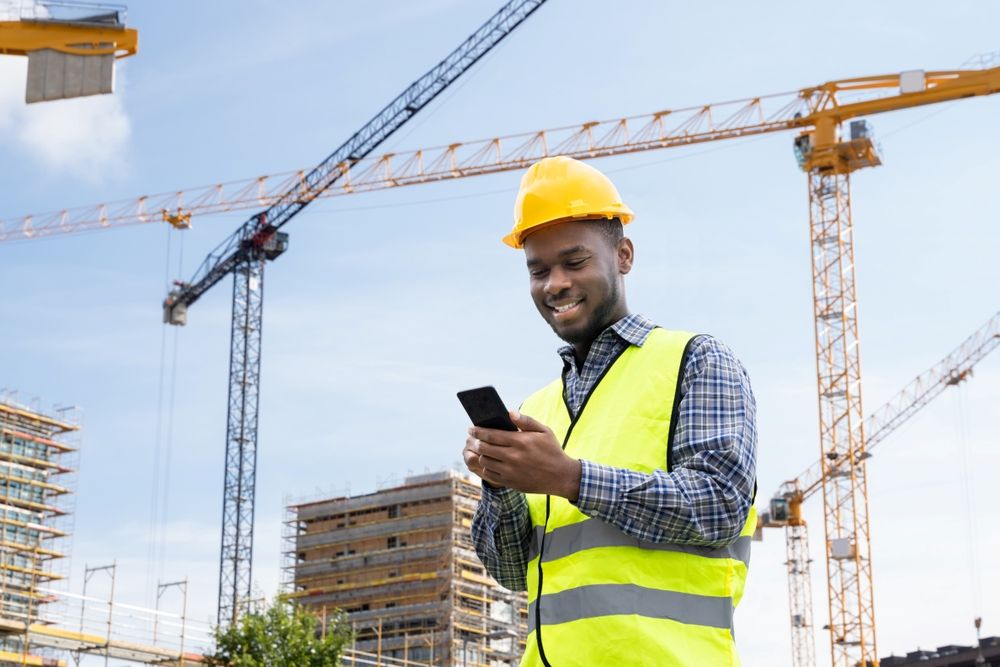 Happy construction worker doing digital vehicle check