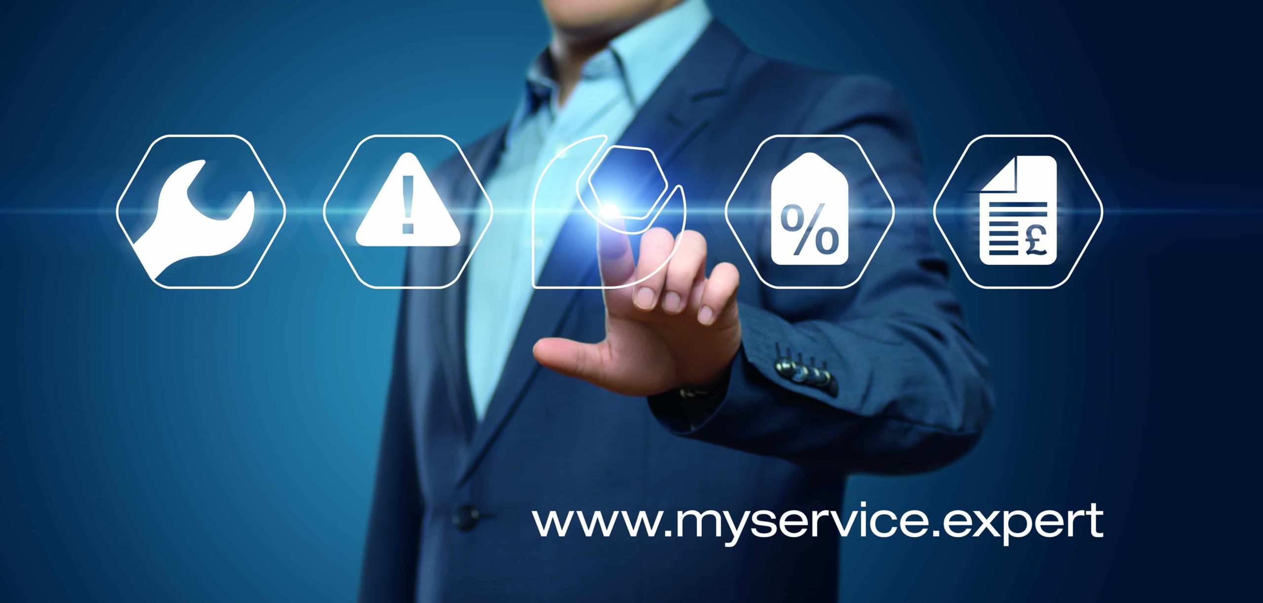 Close up of businessman touching digital screen with finger and myservice.expert url is in bottom right corner 
