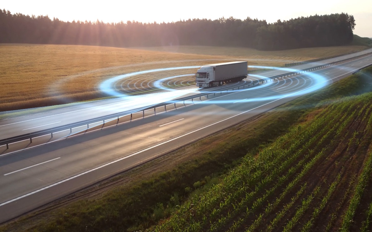 HGV on a motorway with a tracking signal around it