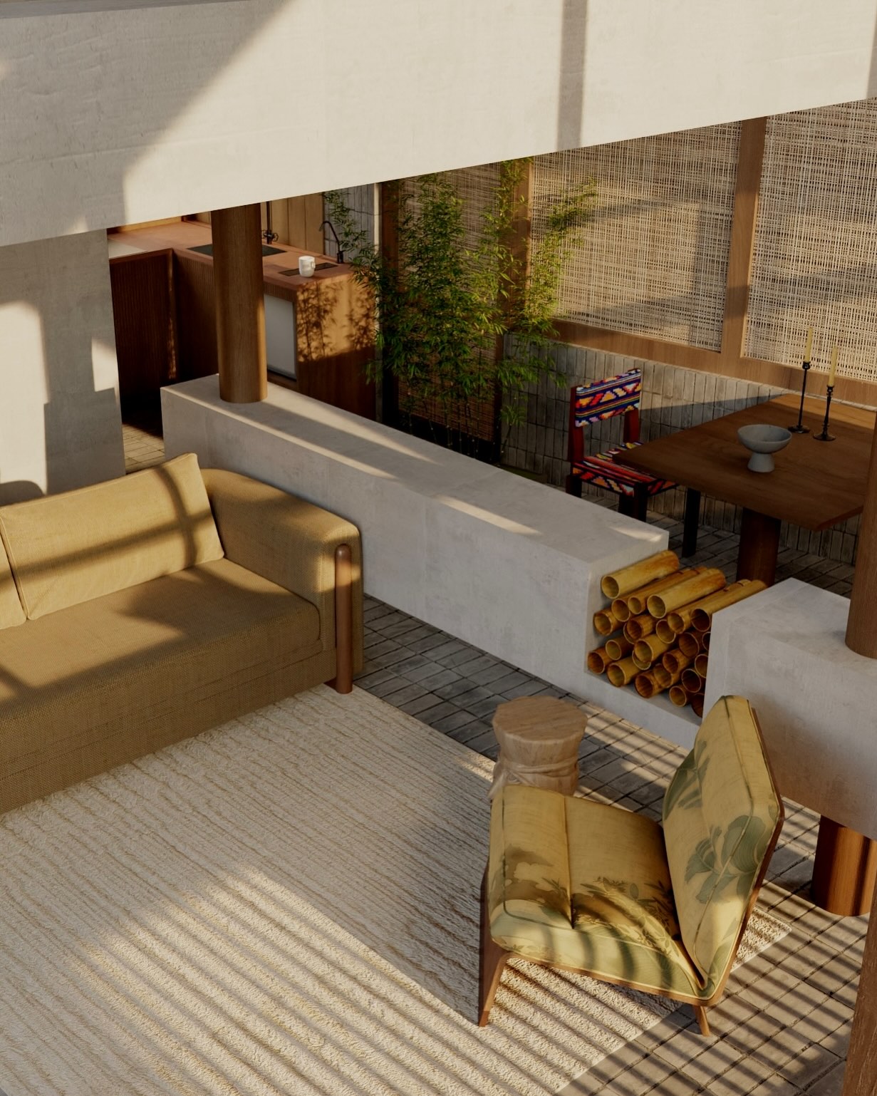 Loungeruimte met hout en natuurlijke materialen