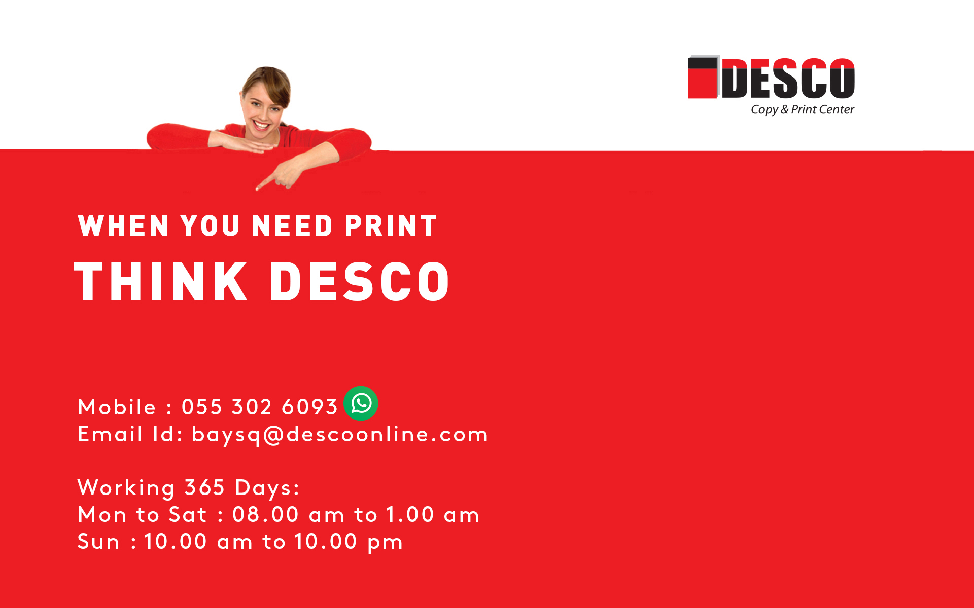 the interior of a clean, modern desco printing and copying service center, with a curved white counter