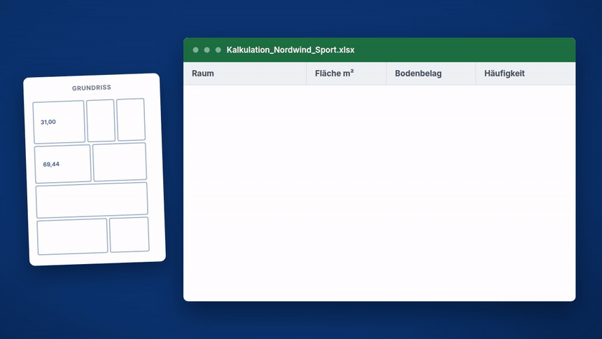 Animation: Grundriss wird Raum für Raum von Hand in eine Excel-Tabelle übertragen