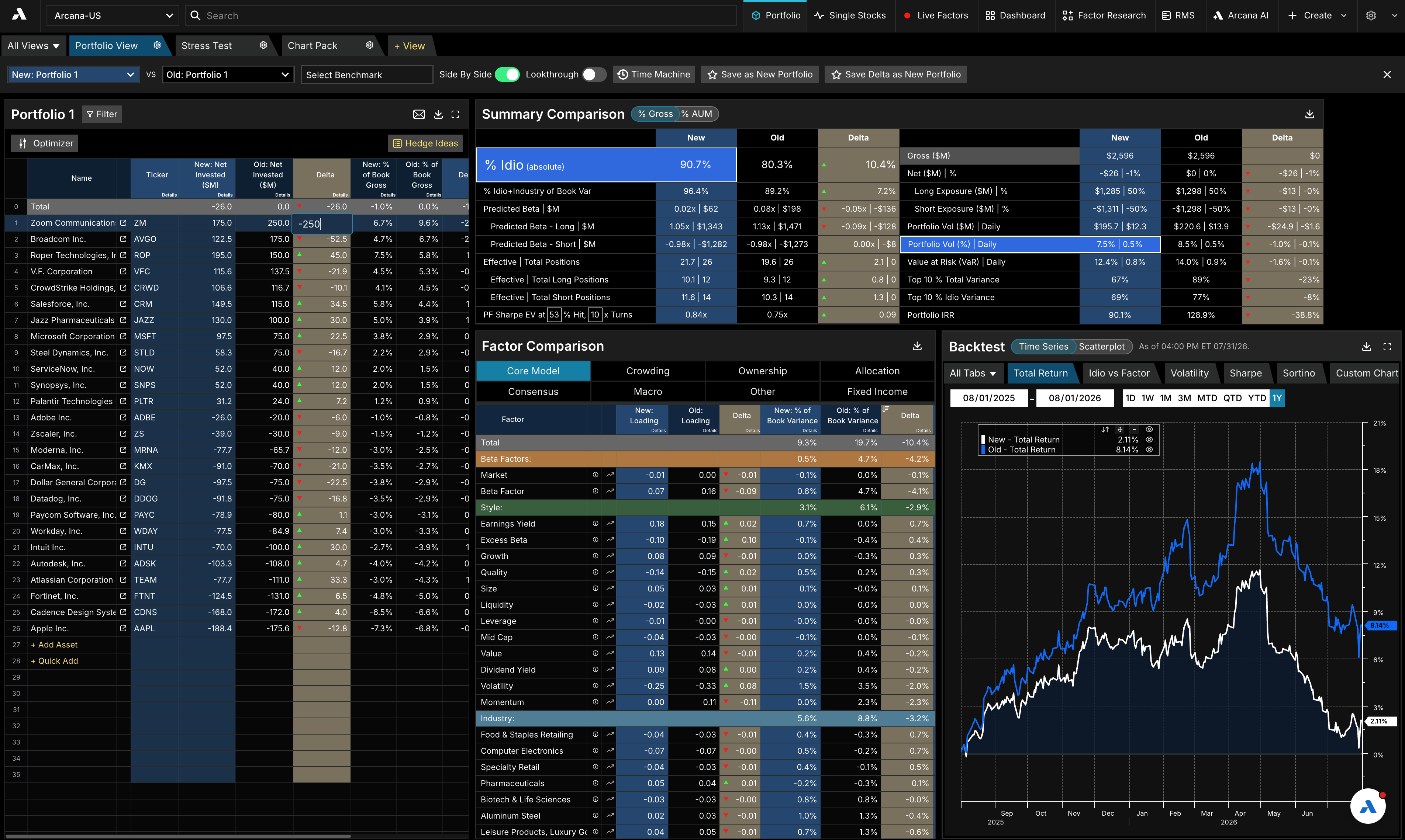 A portfolio construction screenshot from the Arcana portfolio intelligence platform