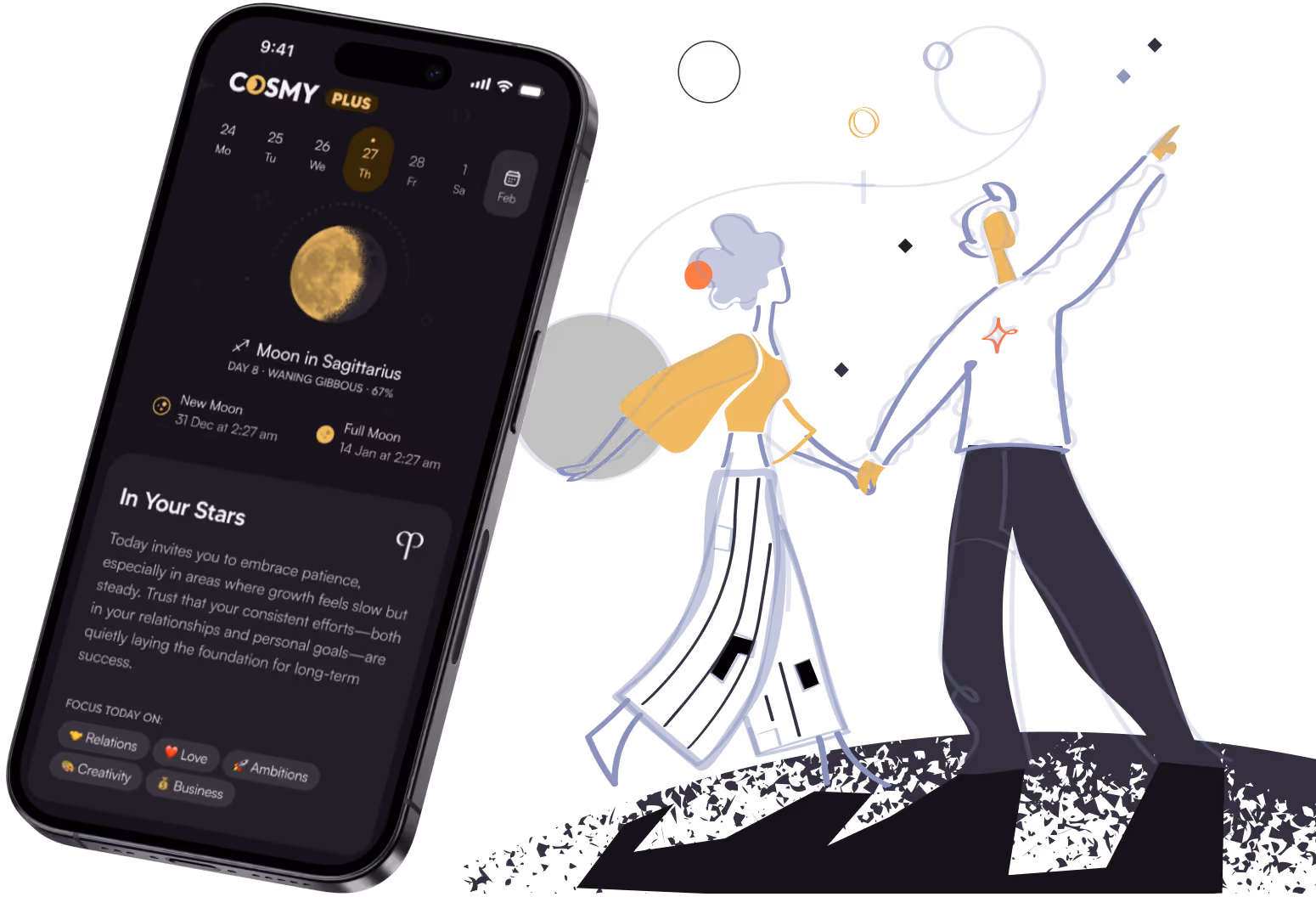 Illustration of two people holding hands and pointing at the stars next to a smartphone screen showing the Cosmy astrology app interface.