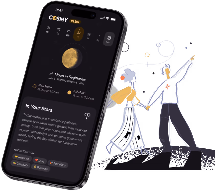 Illustration of two people holding hands and pointing at the stars next to a smartphone screen showing the Cosmy astrology app interface.