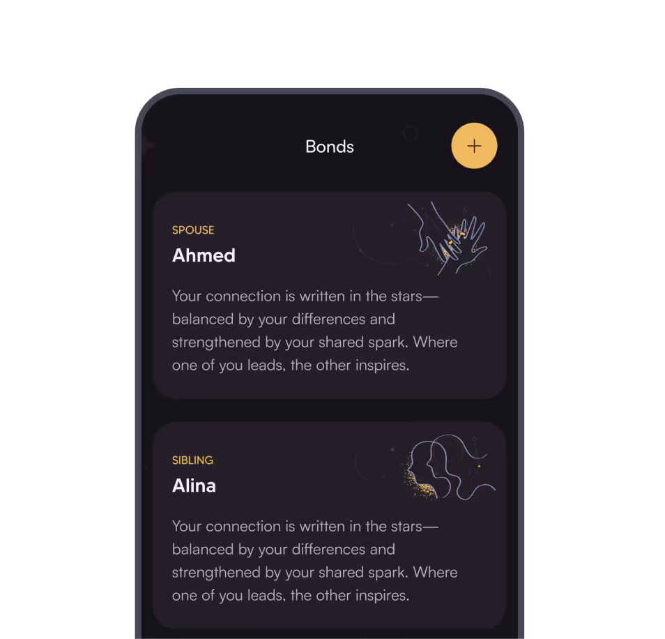 Cosmy app screen showing the Bonds feature with relationship insights for added connections