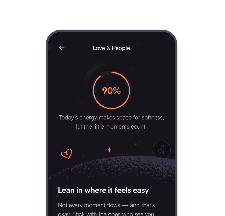 Cosmy app screen showing the Daily Shift feature with a 90% energy insight and guidance for the day