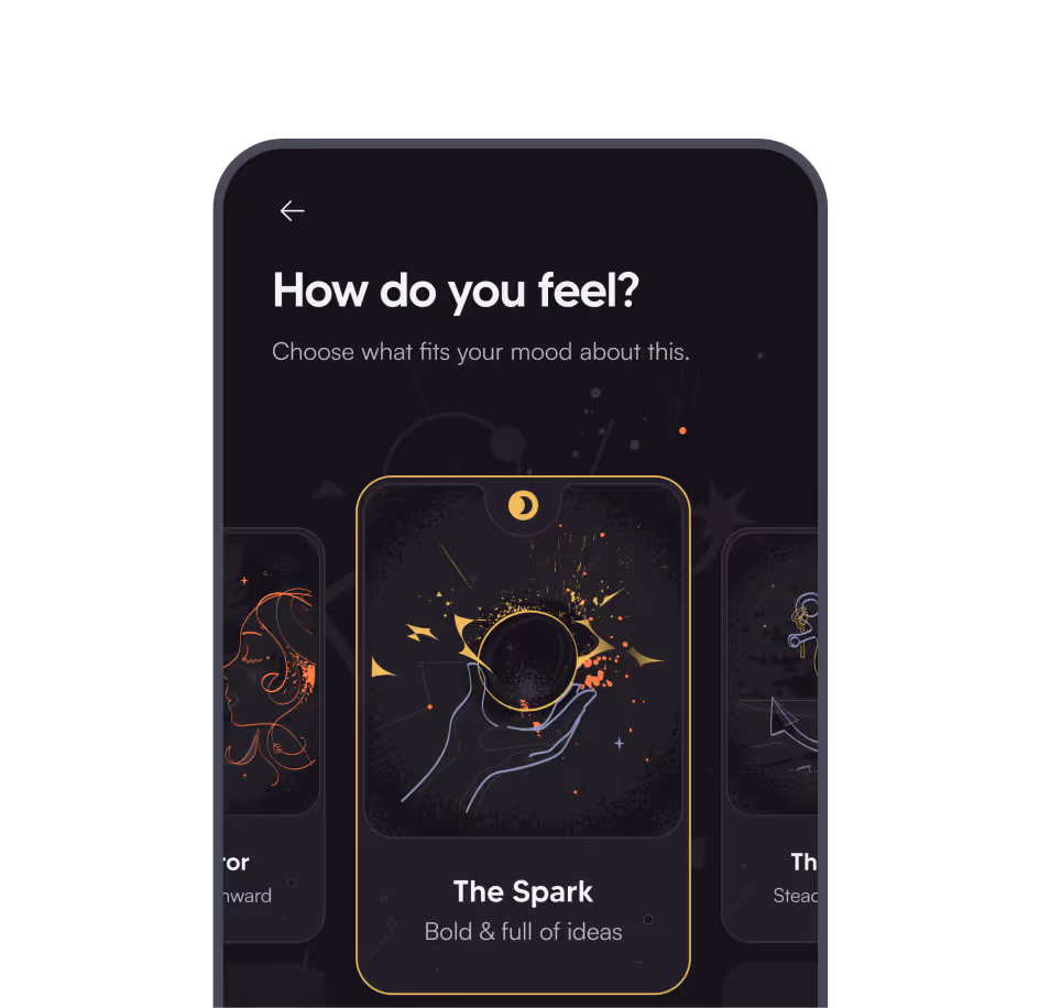 Cosmy app screen showing mood selection cards, including ‘The Spark’ card illustration
