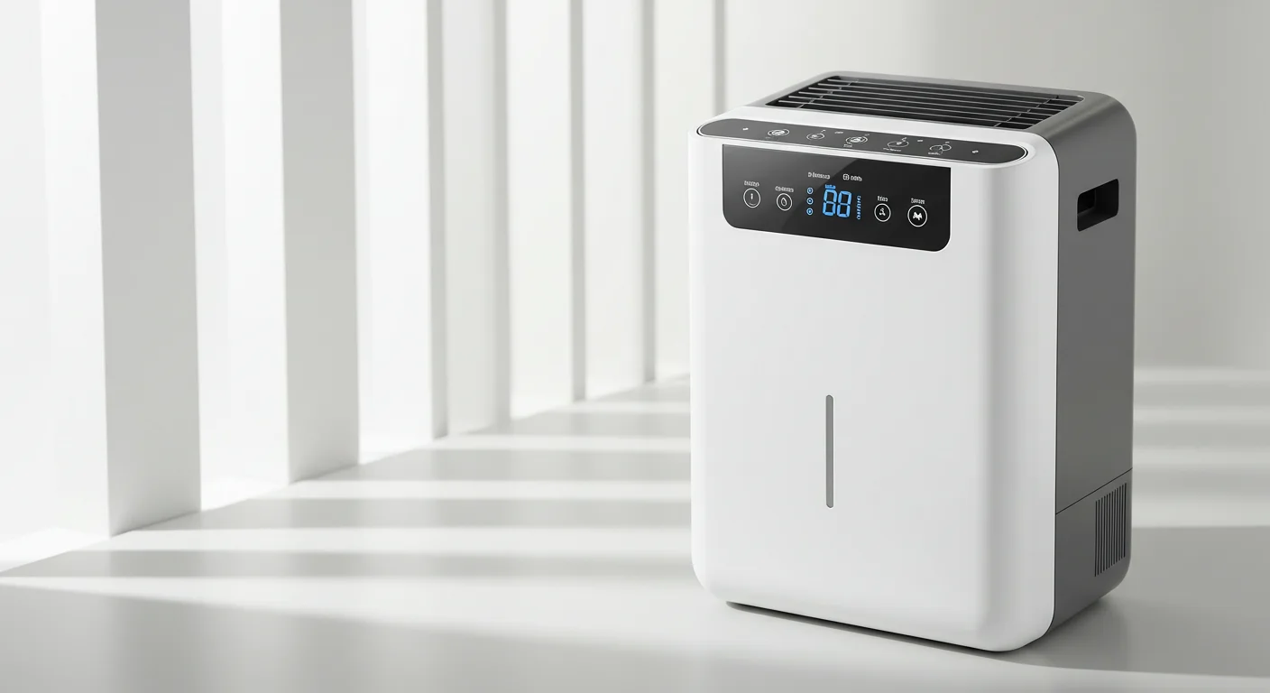 A sleek white dehumidifier with a black digital display showing "80" placed in a well-lit room. 