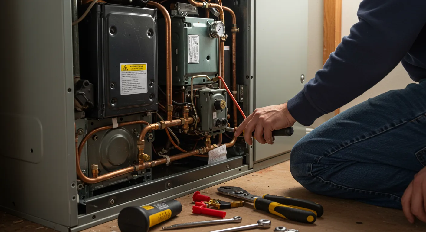 A close-up view shows a person, likely a technician, kneeling and working on the intricate internal components of a furnace or boiler system. The person's right hand is visible, holding a tool and reaching into the open panel of the grey unit. Inside, there's a complex network of copper pipes, valves, pressure gauges, and electrical wiring. A yellow warning label is visible on the upper left panel. On the floor in the foreground, several tools are laid out, including pliers, wrenches, and other specialized equipment. The flooring appears to be a light-colored concrete or wood.