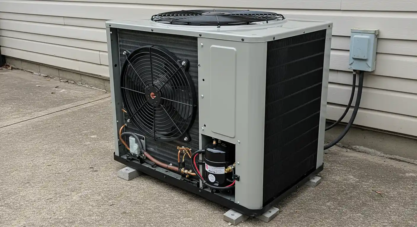 A large, grey outdoor air conditioning condenser unit is positioned on four concrete blocks on a concrete patio next to a house with light grey siding. The unit's side panel is removed, revealing its internal components, including a large black fan, copper piping, a black compressor, and wiring.