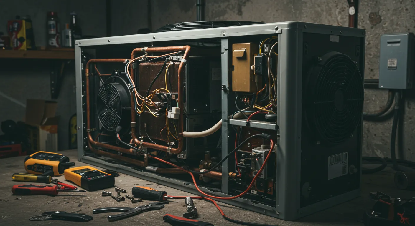 A detailed, slightly elevated view shows the interior of a large, grey HVAC or air conditioning unit with its side panels removed, exposing a complex array of components. Inside, copper piping, electrical wires (some red, yellow, black), fans, and various 