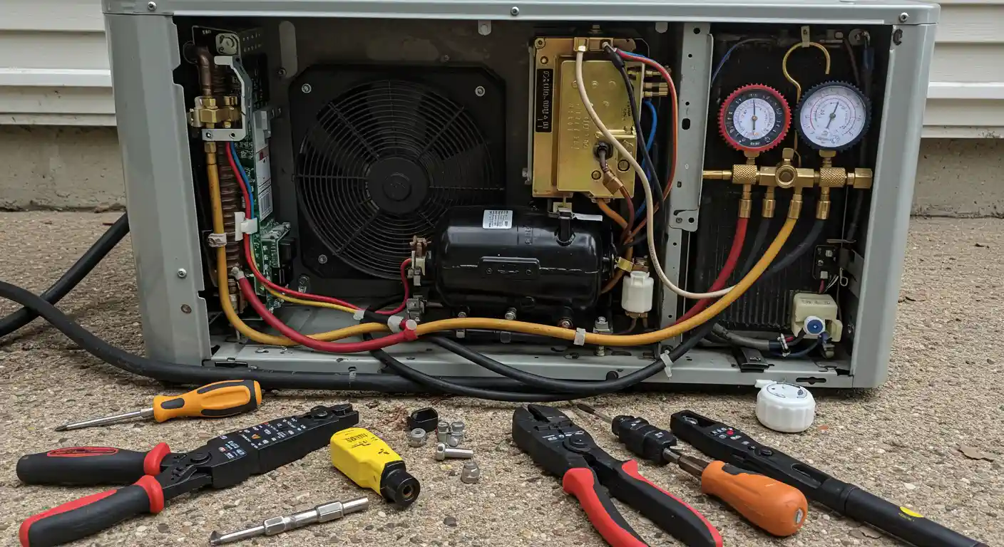 An overhead, eye-level shot directly faces the open internal components of an outdoor air conditioning unit, which is sitting on a concrete surface. The grey metal casing of the AC unit has been fully opened, revealing a black fan on the left, a black comp