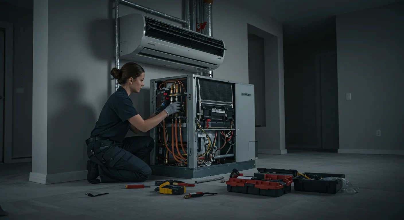 A female technician, dressed in a dark short-sleeved work shirt and dark pants, is kneeling and intently working on a large, open HVAC or heating unit. She is wearing light-colored gloves and has her hair pulled back. The unit is grey and has its side pane