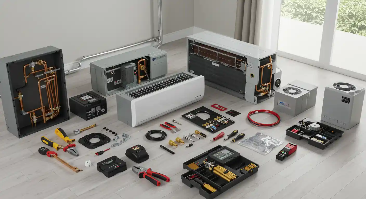 A comprehensive overhead shot displays a wide array of HVAC components, tools, and accessories neatly laid out on a light-colored wooden floor. The items include various parts of an HVAC system, such as a large rectangular air handler, an outdoor condenser unit, internal wall-mounted units, and several open control panels revealing copper piping and wiring. A wide assortment of tools like wrenches, pliers, screwdrivers, gauges, and electrical testing equipment are also meticulously arranged.