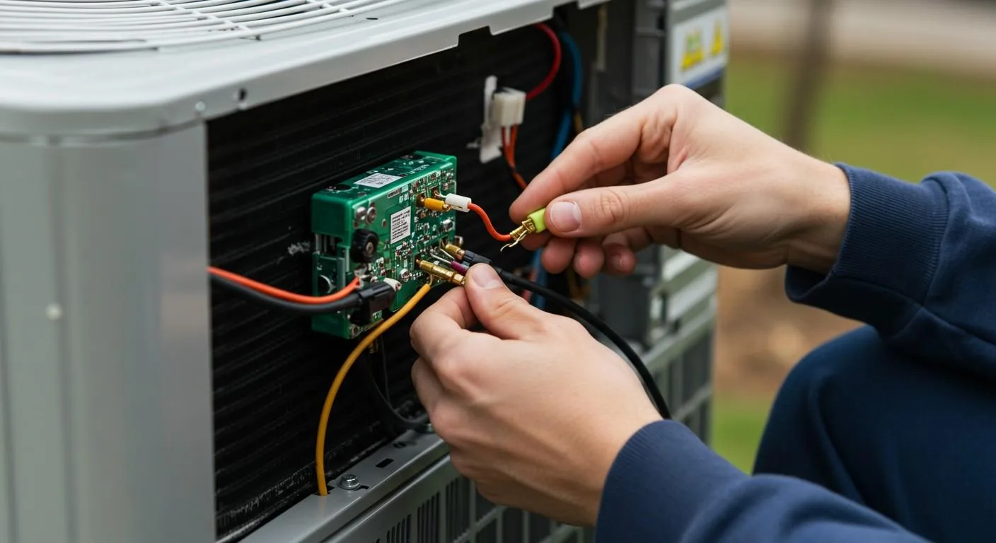 A close-up shot shows a person's hands connecting wires to a circuit board inside an outdoor air conditioning unit. The person is wearing a dark blue long-sleeved shirt. Their hands are carefully manipulating several wires, one of which is orange, another black, and a third yellow, connecting them to various terminals on the green circuit board. The circuit board is mounted within the grey metal casing of the AC unit, with some internal components visible behind it. The background is slightly blurred but appears to be an outdoor setting with green grass.