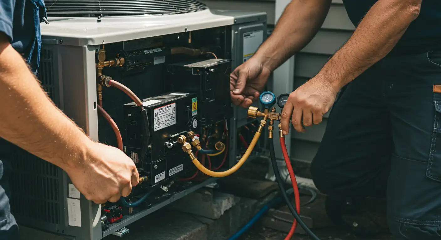 A close-up shot of two people's hands working on an outdoor air conditioning unit. The AC unit is grey and has its access panel removed, revealing internal components, including black electrical boxes and copper piping with brass fittings.