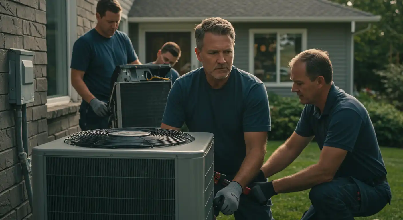 A team of four male technicians, all wearing dark blue or grey t-shirts and work pants, are engaged in replacing an outdoor air conditioning unit next to a brick house. In the foreground, two technicians are focused on positioning or working on a new, grey