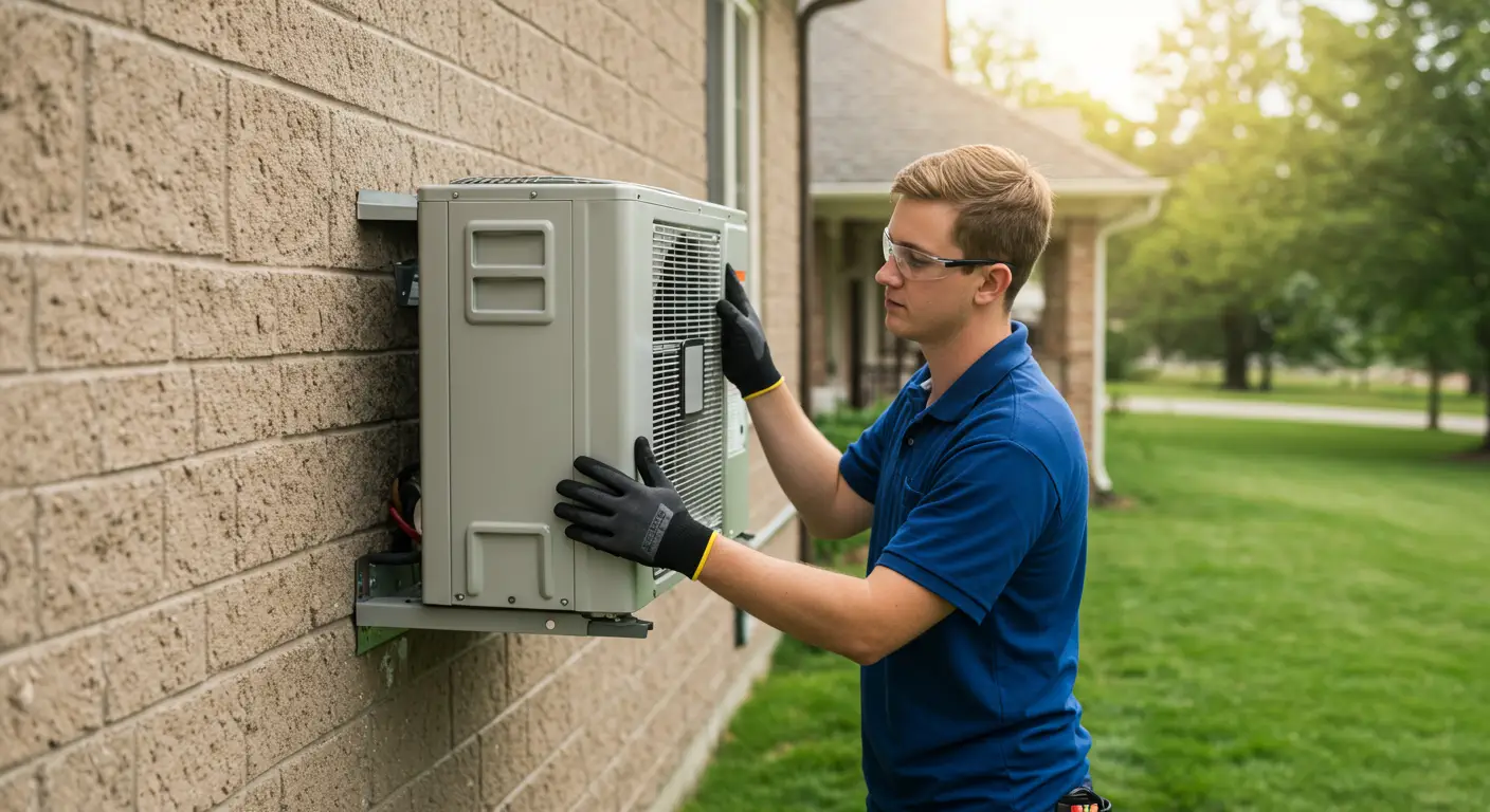 A young male technician with short blonde hair and safety glasses is shown from the waist up, carefully working on an outdoor wall-mounted air conditioning unit. He is wearing a blue polo shirt and black work gloves with yellow accents. The AC unit is light grey and has grates on its side; it is attached to a brick wall. The technician is using both hands to adjust or secure a part of the unit. In the background, a residential house with light-colored siding and a green lawn under warm, sunny lighting is visible.