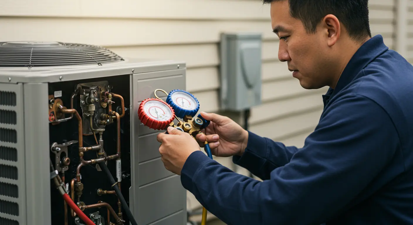A male technician, wearing a dark blue long-sleeved shirt, is intently focused on checking the refrigerant levels of an outdoor air conditioning unit. He is holding a manifold gauge set, with red and blue pressure gauges clearly visible, and connecting the hoses to the AC unit's service ports. The grey AC unit has its side panel removed, revealing copper pipes and various connections. The background shows the light-colored siding of a house and a grey electrical box mounted on the wall. The technician's profile is visible as he carefully works on the unit.
