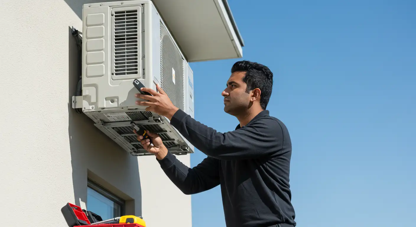 A male technician with dark hair, wearing a black long-sleeved shirt, is diligently working on installing an outdoor air conditioning unit onto the side of a light-colored building under a clear blue sky. He is using a tool, possibly a screwdriver or wrench, to make adjustments to the bottom of the AC unit. The unit itself is light grey with vents and grates. A small red and yellow toolbox or container is partially visible in the bottom left corner of the frame. The angle of the shot looks up at the technician and the AC unit against the bright sky.