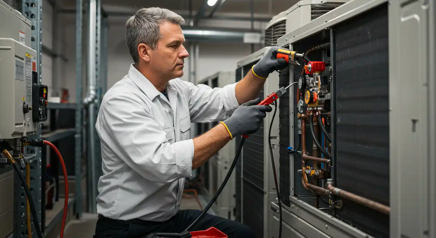A male technician with short grey hair, wearing a light grey work jacket and black gloves, is diligently working on a large industrial air conditioning or HVAC unit. He is using a red and black wrench to adjust connections on the side of the unit, which has its panel open, revealing copper pipes, wires, and other internal components.