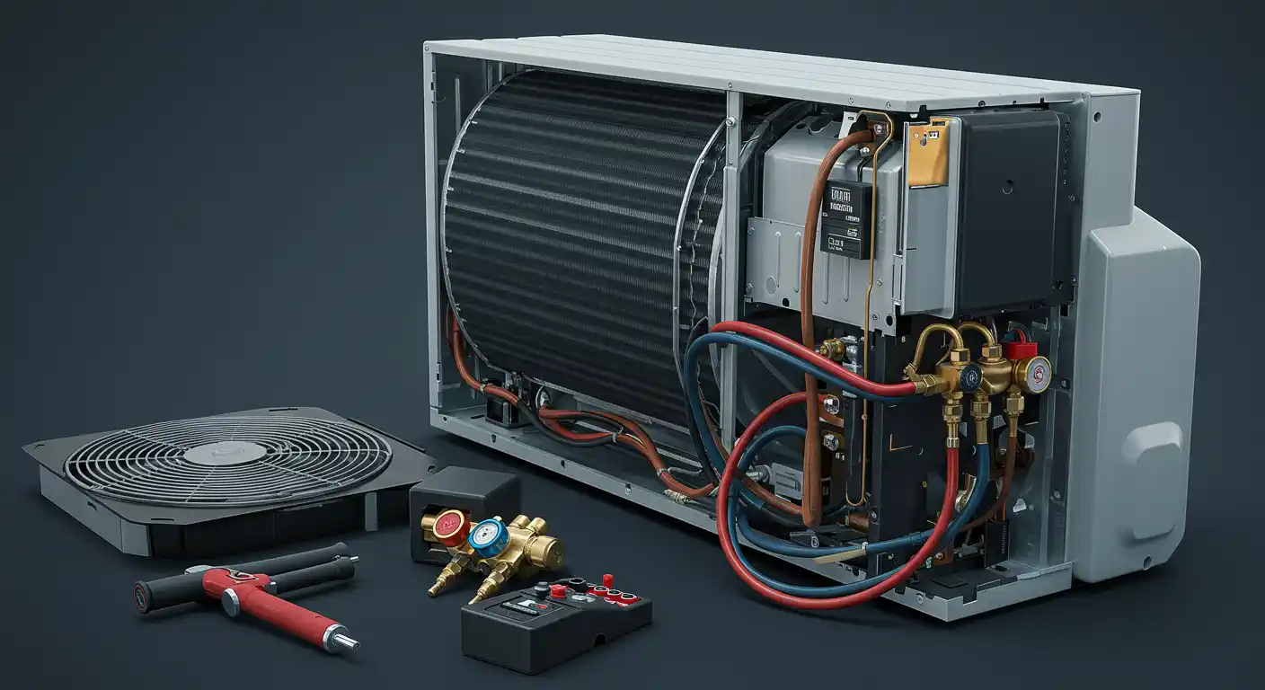  A cutaway view of an air conditioning unit, revealing its internal components. The large, cylindrical evaporator coil dominates the upper section, with various copper pipes and electrical wiring running throughout. To the left, a detached fan and grille assembly are visible, along with some tools including a red and black tool (possibly a pipe cutter or flaring tool), and a set of manifold gauges with red and blue hoses.