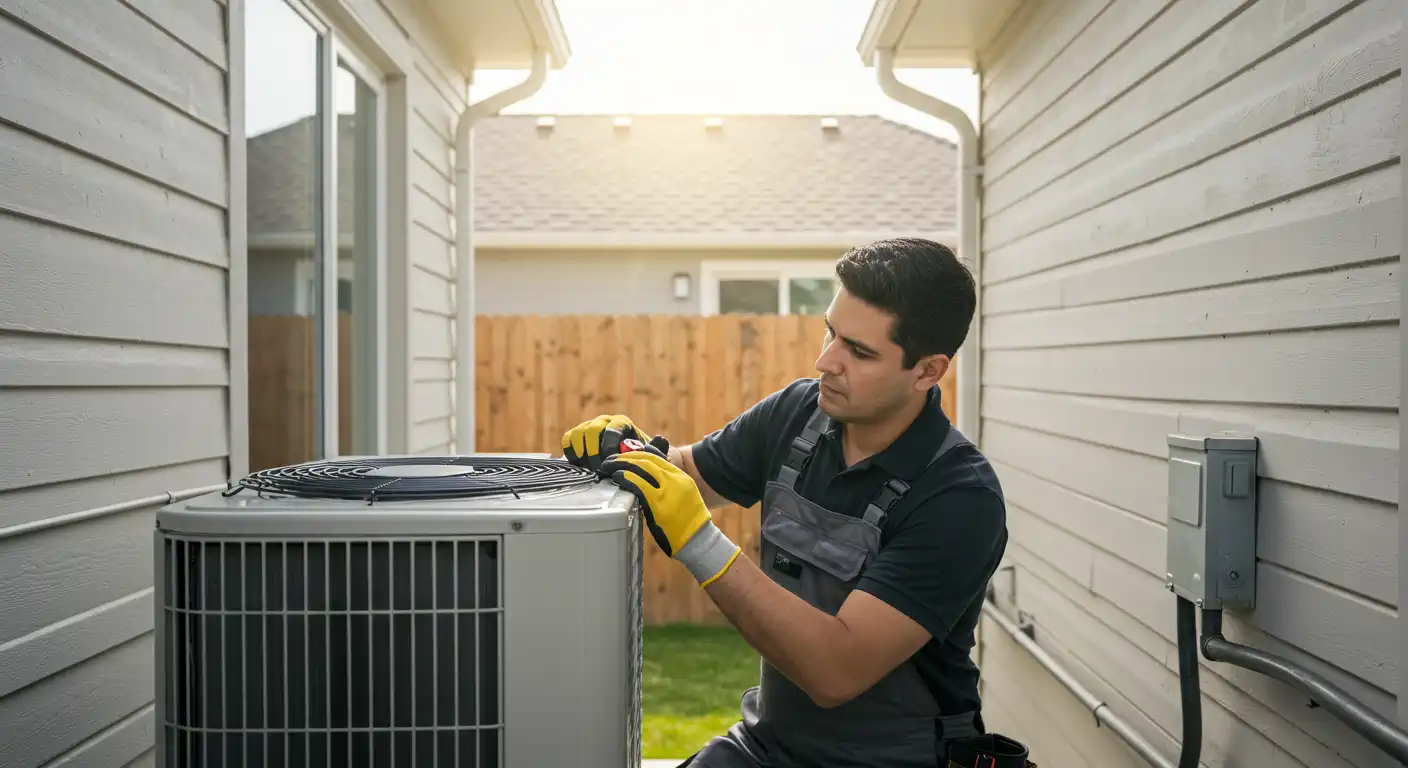  A male HVAC technician, wearing a black uniform shirt, grey overalls, and bright yellow work gloves, is diligently working on an outdoor air conditioning unit. He is focused on the top of the unit, which features a circular fan grille. The AC unit is ligh