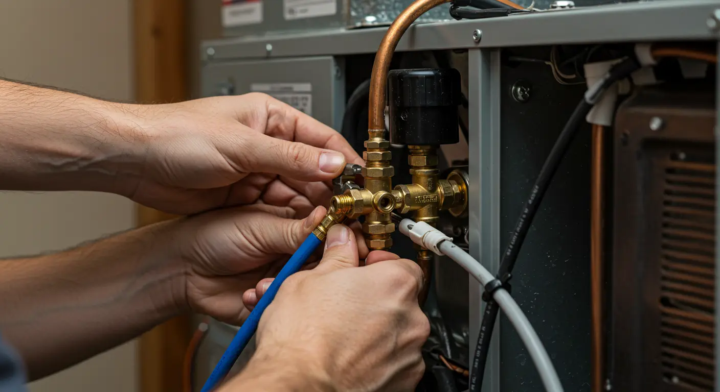 A close-up shot focuses on a pair of hands connecting a blue hose with a brass fitting to a set of valves on what appears to be an HVAC unit. The hands have light skin and short fingernails, and are carefully manipulating the connection. The valves are made of brass and have several ports with various pipes and wires connected, including copper tubing, a black insulated pipe, and white and gray electrical wires. The background is blurred, showing parts of the machinery, indicating an installation or maintenance process.