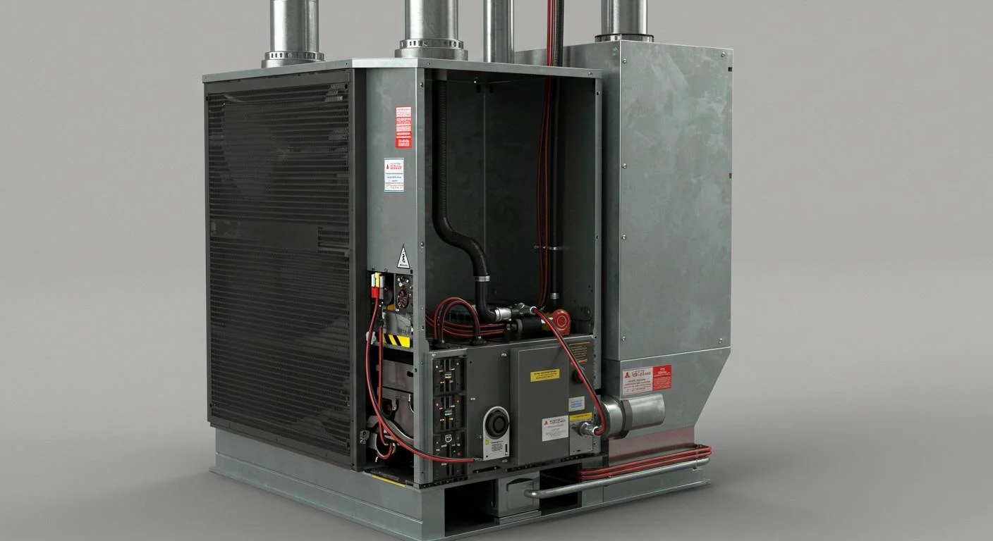  A high-angle, detailed shot of an industrial or commercial furnace unit, presented as a 3D rendering. The large, grey metallic unit features black grates on its left side and a visible internal structure through an open panel on the front. Numerous red pipes and electrical conduits run throughout the system, connecting various components. Several warning labels are affixed to the exterior. 