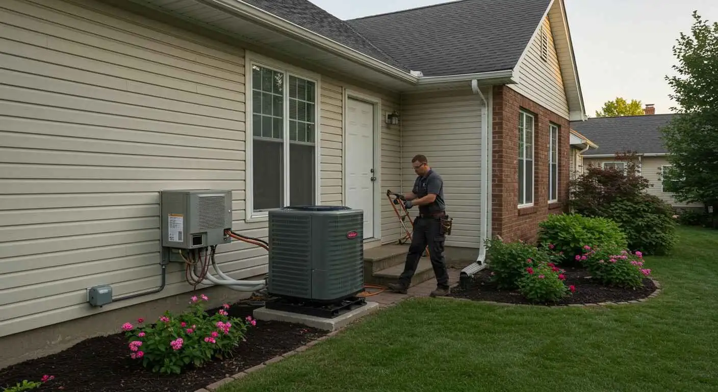 A male HVAC technician, dressed in a grey polo shirt, dark work pants, and safety glasses, is working on an outdoor air conditioning unit next to a residential house. He is holding a tool and appears to be making connections near the steps leading to the back door. The house has light beige siding on the left and brick on the right, with white window frames and a white door. An outdoor AC condenser unit, dark grey in color, sits on a concrete pad near a smaller, lighter grey unit mounted on the wall. 