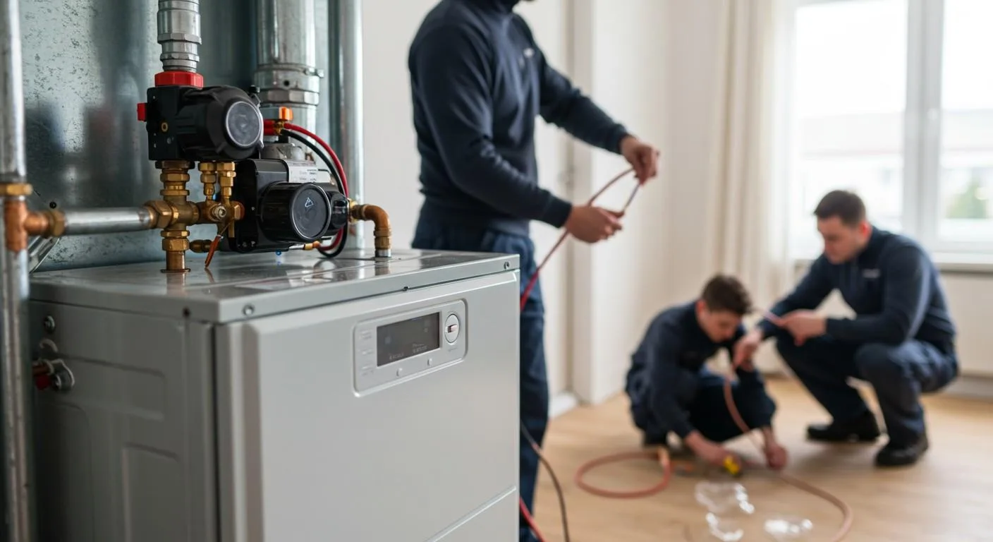 A low-angle shot captures three male technicians working on a heating system in a bright, modern room with light wooden floors. In the foreground on the left, a light grey boiler or furnace unit is visible, with complex copper piping and valves on top, connected to silver ductwork rising behind it. One technician, blurred in the mid-ground, stands behind the unit, holding a red cable. In the background, two other technicians are crouched on the floor, seemingly preparing or connecting pipes, with tools and materials scattered around them. All technicians are wearing dark blue uniforms. The room appears to be residential, with windows visible in the background.