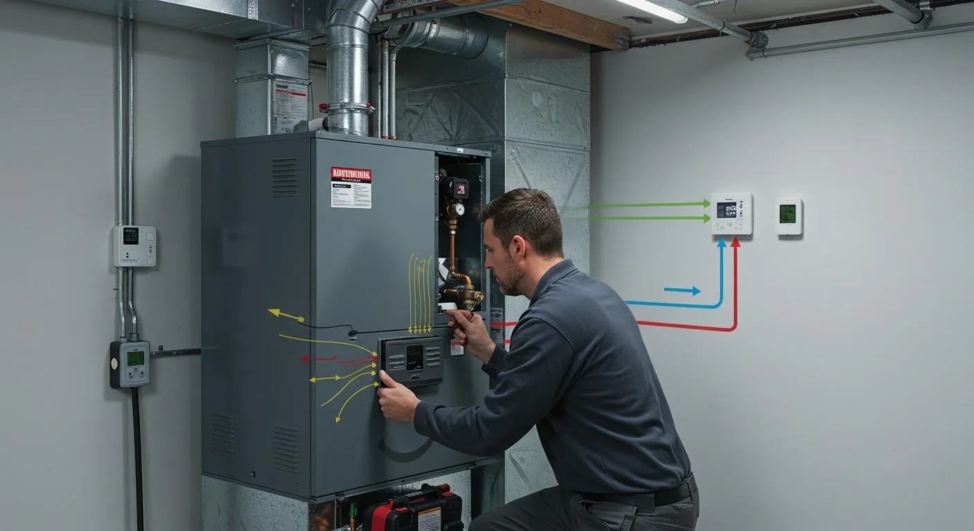  A male technician in a grey long-sleeved shirt is kneeling and working on a large, grey furnace unit in a room with white walls and a light-colored floor. He is focused on the front panel of the furnace, where he is adjusting a component with his right hand and pointing to another area with his left. Red and yellow arrows are digitally overlaid on the image, illustrating airflow and heat exchange pathways within the system, originating from the furnace and moving leftwards. 