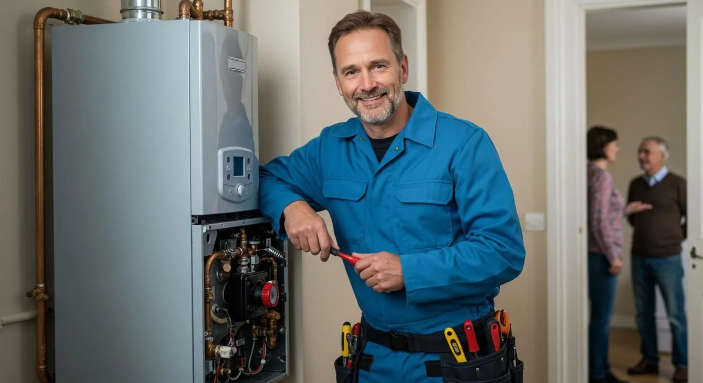 A friendly, bearded male technician in a blue uniform is smiling and leaning against a large, light-grey boiler or furnace unit with its front panel open, revealing internal components. He is holding a red-handled tool in his right hand, and a tool belt with various tools is visible around his waist. The unit is connected to copper pipes running along the wall. In the blurred background, through a doorway, a couple (an older man and woman) are seen conversing, suggesting a home environment.