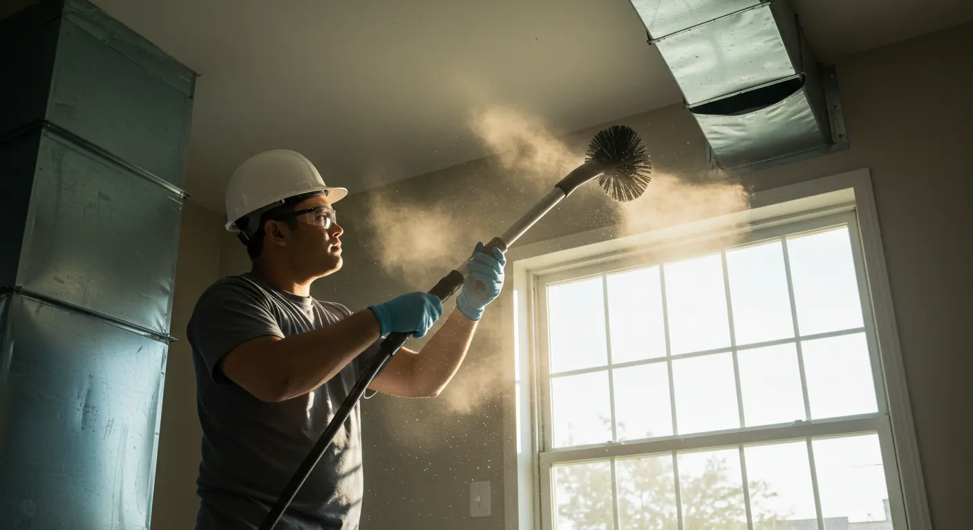 A male technician wearing a white hard hat, safety glasses, a grey t-shirt, and light blue gloves, is actively cleaning an overhead air duct. He is holding a long pole with a large, round brush attachment, which is agitating a significant amount of dust and debris into the air. Sunlight streams through a large window to the right, illuminating the airborne particles. Large, rectangular metal ductwork is visible on the left side of the frame, and a smaller duct opening is seen near the top right.