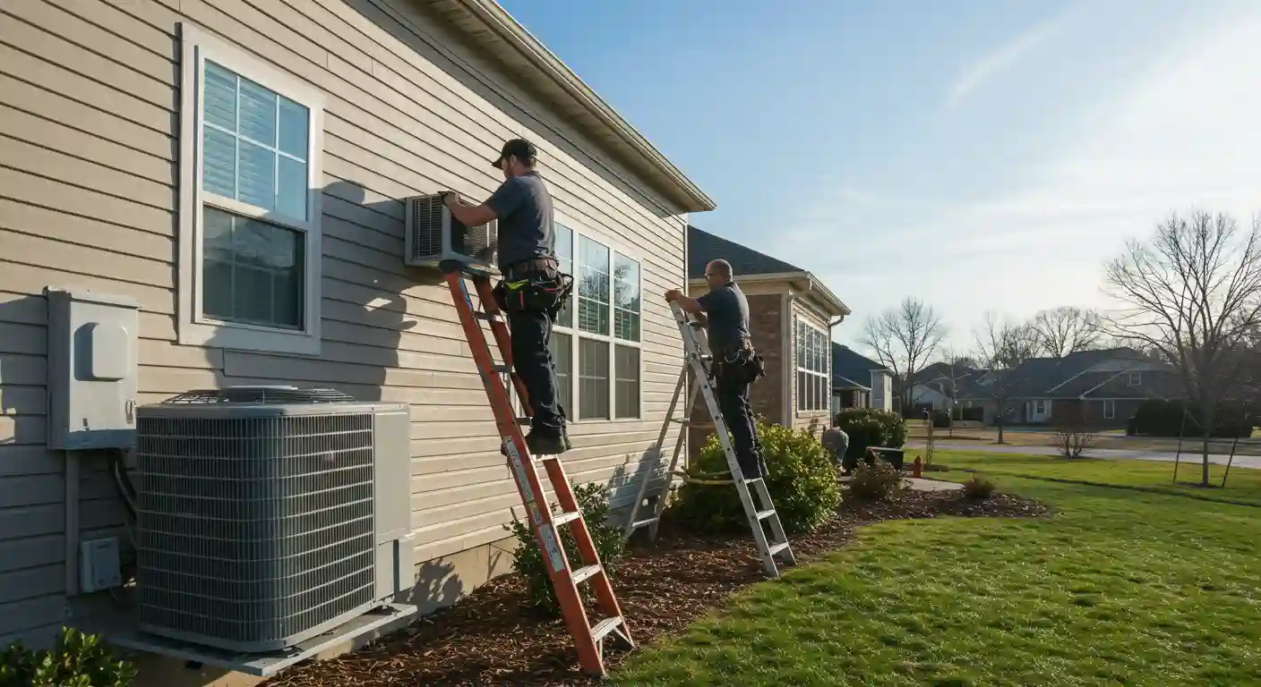 Two male technicians are working on the exterior of a residential house on a sunny day. One technician, wearing a dark cap, is positioned on an orange ladder, attending to an air conditioning unit mounted beneath a window on the side of the house. Another technician stands on a silver ladder a short distance away, looking towards the house. An outdoor condensing unit is visible on the ground near the first technician's ladder. The house has beige siding, and the surrounding lawn is green. In the background, other houses and trees are visible under a clear blue sky.
