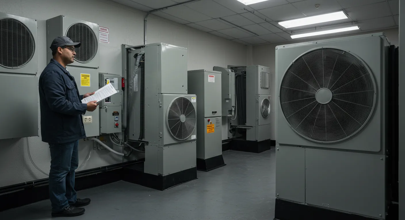 A male HVAC technician, wearing a dark cap, glasses, and a blue work jacket over jeans, stands in a brightly lit room filled with numerous large gray industrial HVAC units. He is holding a document, possibly a checklist or service manual, and appears to be inspecting the equipment. The units have various grilles, vents, and control panels. The floor is a light gray, and overhead fluorescent lights illuminate the space. 