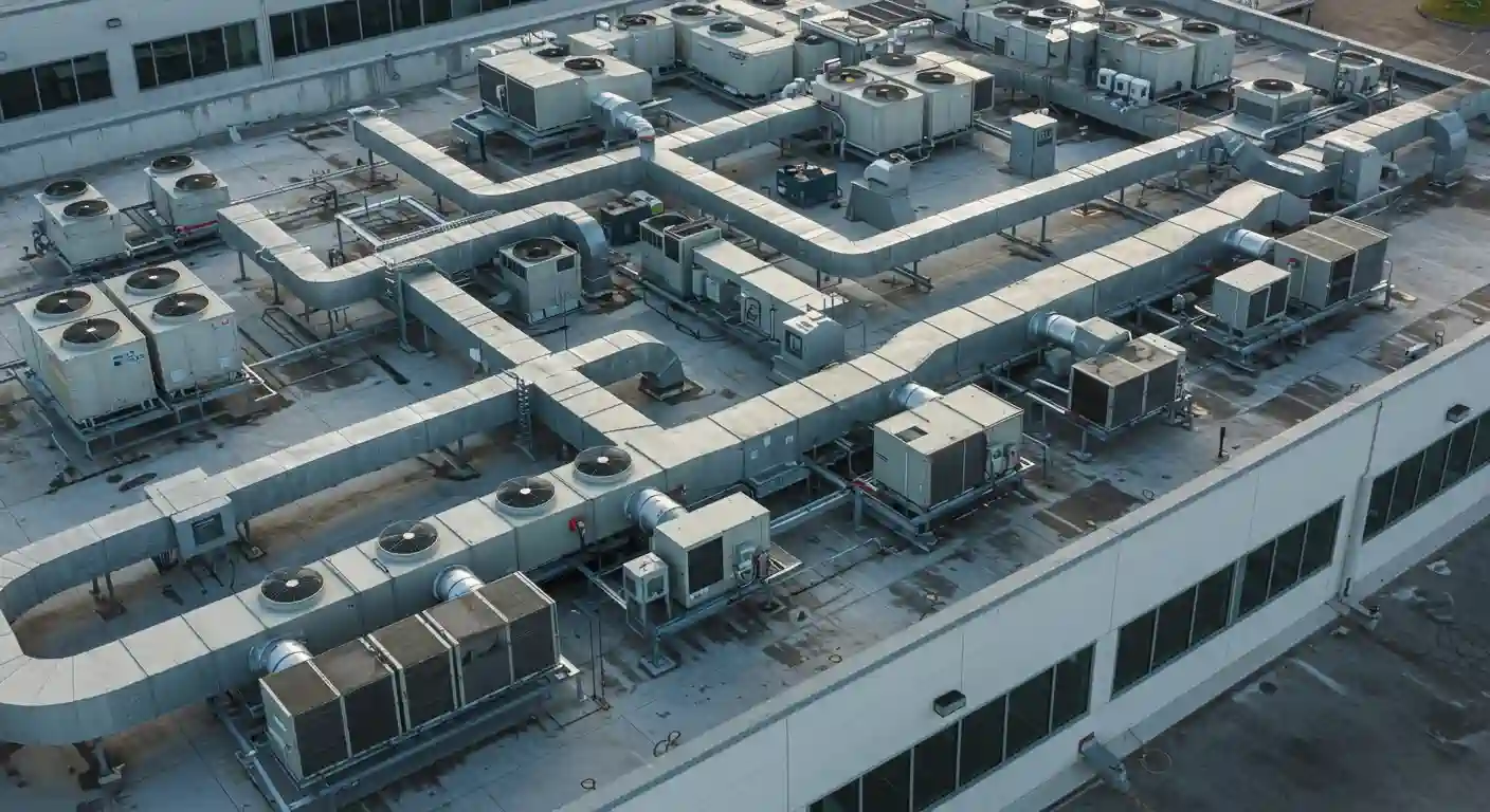 An aerial or high-angle shot captures the expansive rooftop of a large commercial or industrial building, completely covered with a complex array of HVAC (Heating, Ventilation, and Air Conditioning) units and extensive ductwork. Numerous square and rectangular air handlers and condensing units, many with visible fans, are interconnected by a network of wide, metallic ventilation ducts that snake across the entire roof surface. The building itself has a flat, light-colored roof with visible windows along the top edge of its walls. The sky is overcast, and the overall impression is one of large-scale industrial infrastructure. 