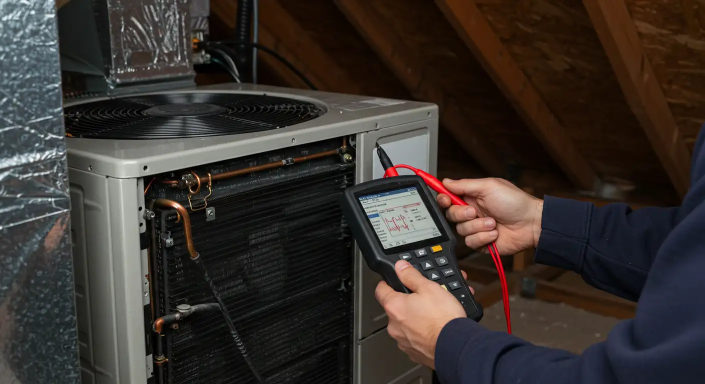  A close-up view shows an HVAC technician's hands holding a black digital diagnostic tool with a screen displaying graphs and readings.